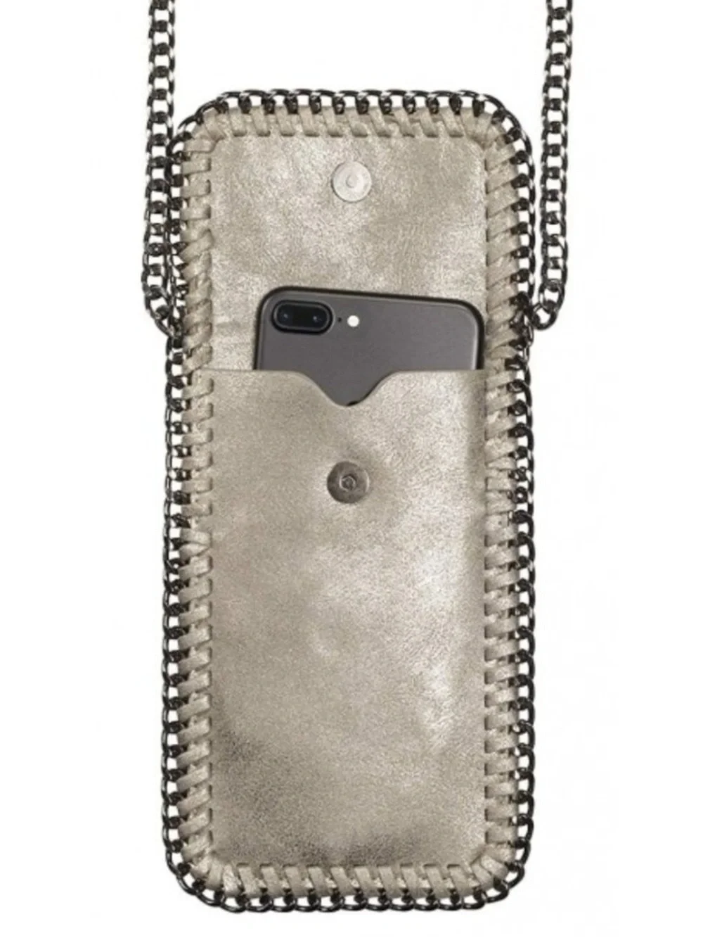 Chain-Trim Crossbody Phone Pouch in gray